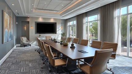 Poster - Spacious conference room with a large table, comfy chairs, and av equipment