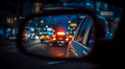 Leinwandbilder - View from rearview mirror on police car with flashing lights is driving on city street at night