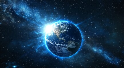 earth in space with cosmic rays, bright sun