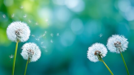 Poster - Soft breeze moves dandelion seed heads, showcasing their fragile beauty against a gentle, blurred background filled with natural colors and light