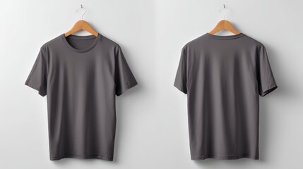 Leinwandbilder - Charcoal gray t-shirt mockup is hanging on a wooden hanger against a white background, showcasing the front and back views with ample copy space available