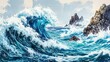 © SepazWorks - Hand-drawn ukiyo-e waves crashing on rocky cliffs.