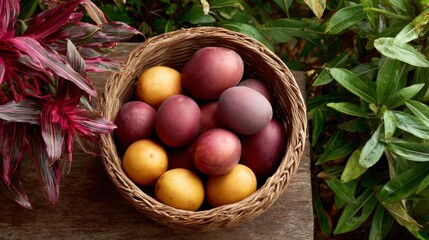 Poster - Overflowing wicker basket features a variety of exotic ripe fruits on a rustic wooden table, illuminated by dappled sunlight and framed by tropical foliage