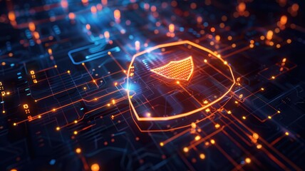 Picture of digital security system to protect dangerous hacking computer user in colorful light of cyberspace style theme. Coding and programming for guarding digital technology from criminal. AIG53.