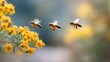 © Elena - Honeybees collect nectar from bright yellow blooms while some return to their hive, showcasing their vital role in pollination during a warm afternoon