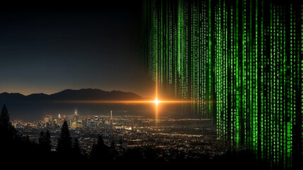 Wall Mural - digital dawn: a cyberpunk cityscape emerges from the darkness, illuminated by a vibrant burst of dig