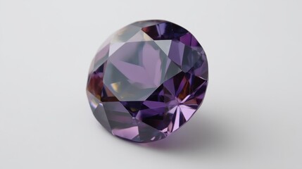 Leinwandbilder - A polished amethyst gemstone reveals stunning shades of purple and gold as it rests on a crisp white surface, offering ample copy space on the right