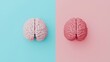 © Thanagorn - Two human brains are placed side by side, one on a blue background and one on a pink background, emphasizing contrast and duality.
