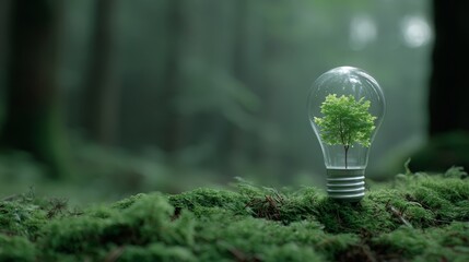 Aufkleber - Eco-friendly light bulb featuring a leaf pattern sits on lush moss, bathed in soft natural light, embodying the principles of sustainability and nature