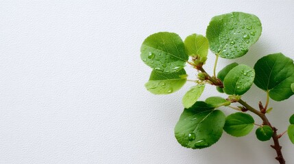 Leinwandbilder - Botanical sprig showcases multiple green leaves with raindrops on a clean white surface, creating a calm and fresh aesthetic perfect for various designs