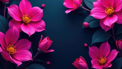 Wall Mural - bold fuchsia floral pattern, large blossoms on dark background , garden, art, graphic