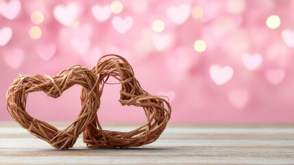 Fototapete - Two heart-shaped decorations made from woven natural materials rest on a light pastel surface, surrounded by a soft, blurred bokeh backdrop, perfect for romance