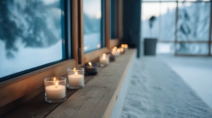 Poster - Warm glow from candles on a wooden shelf creates a cozy atmosphere, contrasting with the snowy landscape outside, enhancing a serene evening vibe