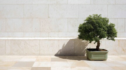 Fototapete - A bonsai tree sits in a ceramic pot on polished marble, casting distinct shadows across a white wall in bright daylight, creating a serene atmosphere