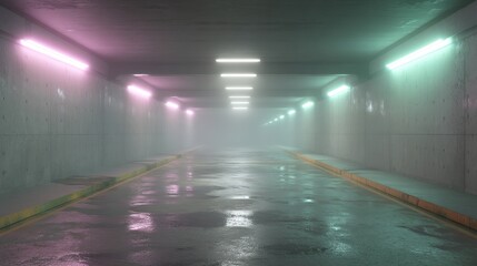 Fototapete - A sleek corridor features stunning green and purple neon lights, creating a futuristic ambiance. The space is shrouded in a soft mist, enhancing the enchanting look