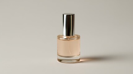 Poster - A frosted glass perfume bottle with a sleek silver cap is featured prominently against a soft, neutral backdrop, allowing for clean and minimalist aesthetics