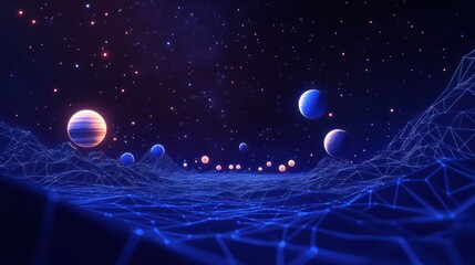 Wall Mural - futuristic landscape with glowing planets and constellations in a dark space.