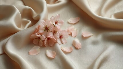 Poster - Pale pink sakura petals rest delicately on a textured fabric, softly overlapping to create an elegant arrangement with plenty of space for text or design elements