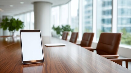 Leinwandbilder - The tablet sits on a polished walnut table in a contemporary office, illuminated by soft natural light. There is ample copy space to the right for text