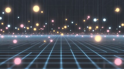 Wall Mural - futuristic grid landscape with glowing particles.