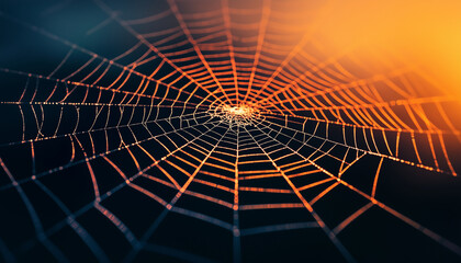 Spider web dew drops close up natural pattern orange light dark background spider silk intricate design morning dew nature detail