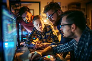 Team of programmers working with servers in an office setting, analyzing data with software interfaces. Generative AI