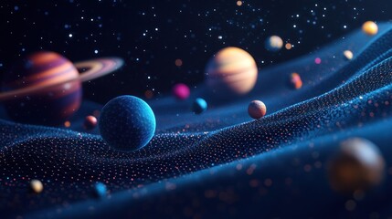 Wall Mural - vibrant planets float over a glowing, particle-wave cosmic landscape.