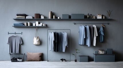 Poster - Utility room highlights organized shelving with various items, a dedicated folding station, and soft LED lighting, creating a tranquil space for chores and storage