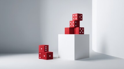 Leinwandbilder - Glossy red dice are elegantly arranged on a minimalist white stand, creating a striking visual against a smooth gray backdrop, perfect for promotional content