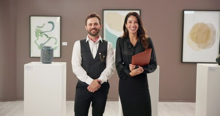 Aufkleber - Business, collaboration and colleagues in office, smile and art director with file for project, face and gallery. Museum, teamwork and people with pride for exhibition, curator or ambitious in Canada