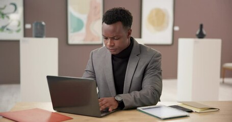 Poster - Art, typing and black man at exhibition with laptop, culture and online review of creative business. Gallery, sales agent and curator on website for presentation, auction or showroom with research