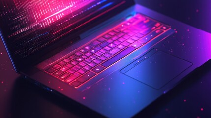 Wall Mural - close-up of laptop keyboard with vibrant pink and blue neon light, displaying coding on screen.