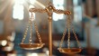 © Chirayu stock - conceptual justice image with focus on balance scale, blurred gavel in foreground, radiant light beams from window, deep wood shadows and golden highlights, editorial quality