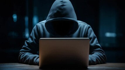 Mysterious hooded figure works on a laptop in a dark, office background - concept of anonymity in cyber activity.