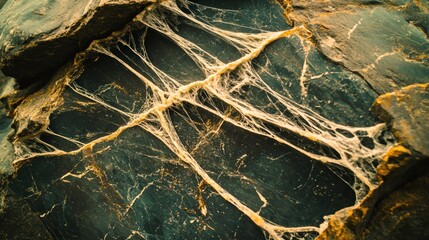 Intricate, pale threads on dark, rough stones.
