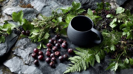 Leinwandbilder - Matte black ceramic vase filled with wild greenery and dark berries rests on a polished stone surface, highlighting subtle reflections and providing ample copy space