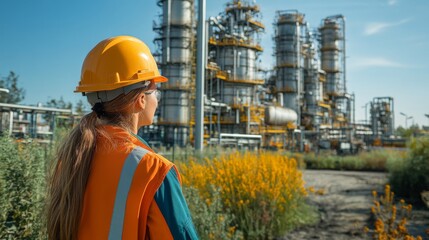 Fototapete - A worker stands in front of a large petrochemical refinery, taking in the intricate machinery and automation processes involved in chemical synthesis.