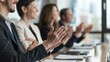 © Molly P - Indoor of meeting room in office for teamwork of business. Conference place to choose idea for management strategy or successful company. Businessman use hand celebrate for success governance. AIG53.