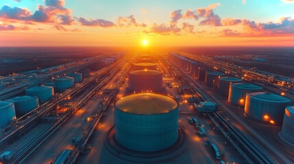Poster - A sprawling petrochemical facility is bathed in golden sunlight as the sun sets. Storage tanks and interconnected pipelines highlight the advanced industrial automation and engineering.