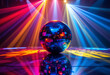 © dex - Multicolored Disco Ball Shines In A Nightclub Surrounded By Light Beams, Party Atmosphere, Nightlife Entertainment, Vibrant Celebration