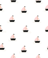 Wall Mural - cute hand drawn print with small sailboats on the sea. childish drawing-like seamless vector pattern