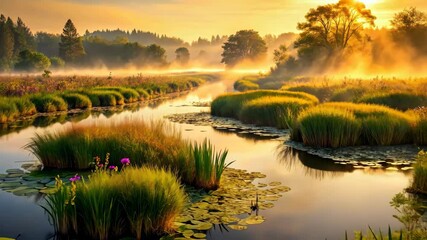 Poster - Golden Sunrise Over a Serene River with Lush Greenery and Tranquil Mist