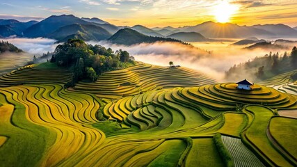Poster - Golden Sunrise Over Rolling Farmland Terraces A Breathtaking Aerial View