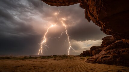 eye level view of lightning storm weather desert landscape glowing red rock illuminated lightning bo