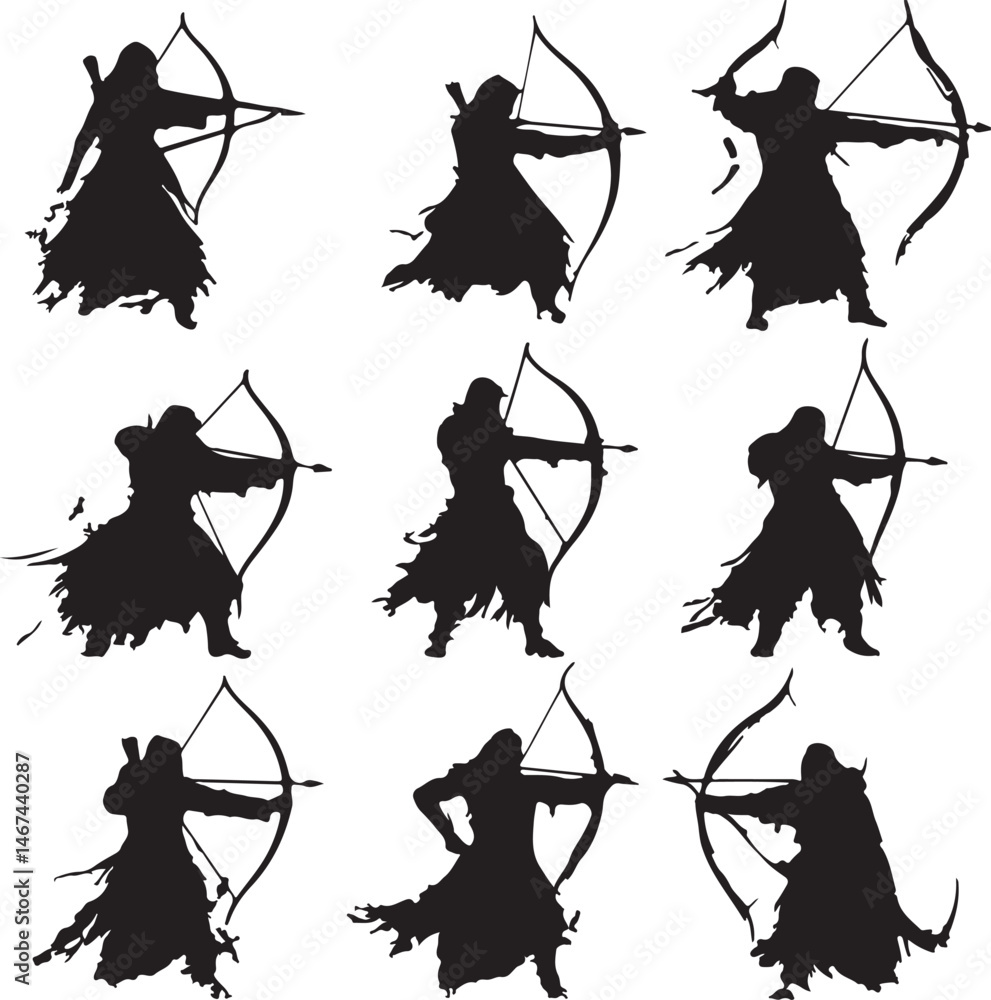 Silhouette Archers with Bows and Arrows in Various Shooting Poses ...