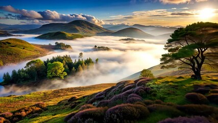 Poster - Sunrise Over a Misty Valley A Breathtaking Landscape of Rolling Hills and Lush Greenery