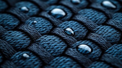 Close-up of water droplets on woven fabric.  Dark navy blue, intricate pattern of interwoven cords