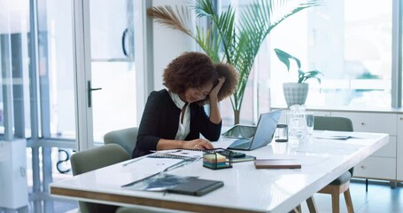 Poster - Stress, laptop and businesswoman in office with mistake, fail or decline on publishing report. Frustrated, fatigue and African magazine editor with documents and tech for project with career burnout.