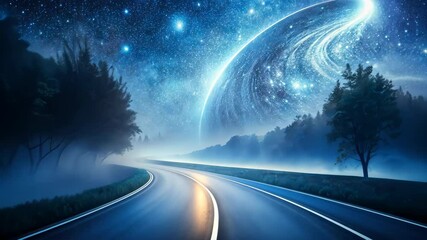 Poster - Journey Through a Mystical Night A Winding Road Beneath a Starry Sky and Celestial Orb