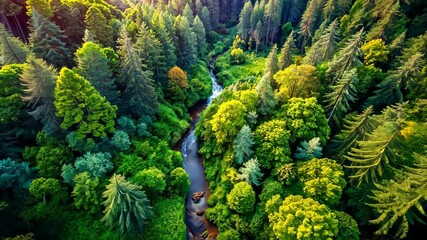 Poster - Tranquil Aerial View of a Winding River Through a Lush Green Forest